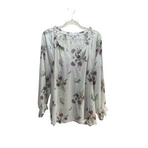 Ophelia Roe Floral Chiffon Top Women 3X Ivory Long Sleeve Flowy Boho Fairy